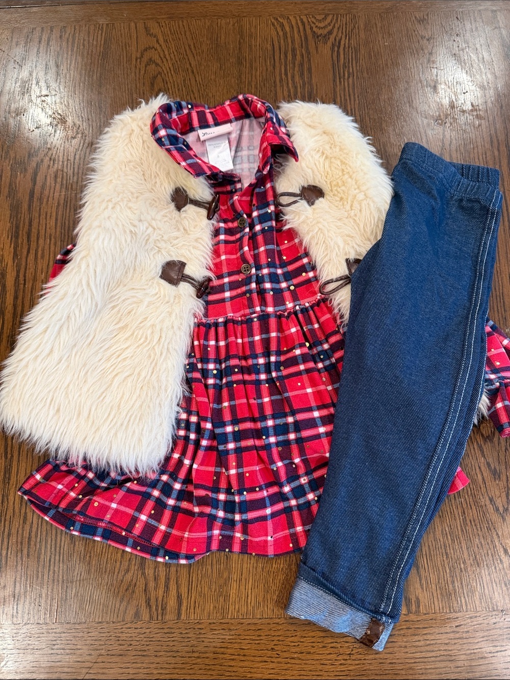 Little Lass Red Plaid Dress with Cream Faux Fur Vest and denim color Leggings•5